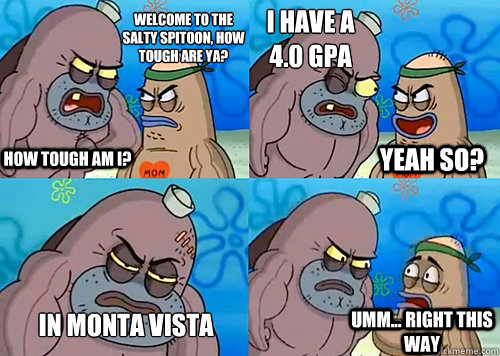 Welcome to the Salty Spitoon, how tough are ya? HOW TOUGH AM I? I have a 4.0 GPA In Monta Vista Umm... Right this way Yeah so?  Salty Spitoon How Tough Are Ya