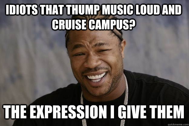 idiots that thump music loud and cruise campus? the expression i give them  Xzibit meme