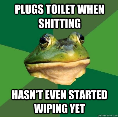 plugs toilet when shitting hasn't even started wiping yet  Foul Bachelor Frog