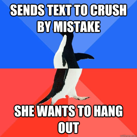 Sends text to crush  by mistake She wants to hang out  Socially Awkward Awesome Penguin