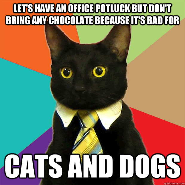 Let's have an office potluck but don't bring any chocolate because it's bad for cats and dogs  Business Cat