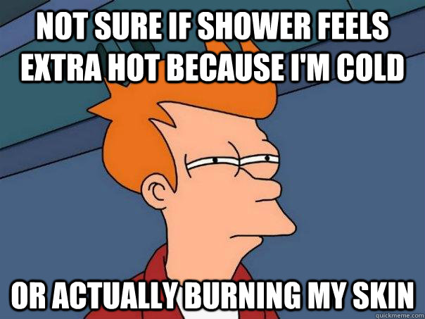 Not sure if shower feels extra hot because I'm cold Or actually burning my skin - Not sure if shower feels extra hot because I'm cold Or actually burning my skin  Futurama Fry