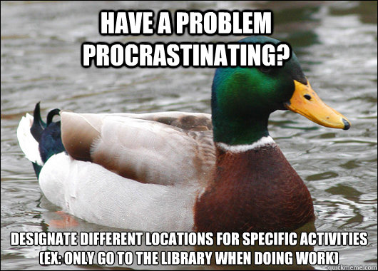 Have a problem procrastinating? designate different locations for specific activities 
(ex: only go to the library when doing work)  Actual Advice Mallard