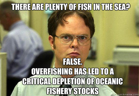 there are plenty of fish in the sea? false.
overfishing has led to a critical depletion of oceanic fishery stocks - there are plenty of fish in the sea? false.
overfishing has led to a critical depletion of oceanic fishery stocks  Schrute