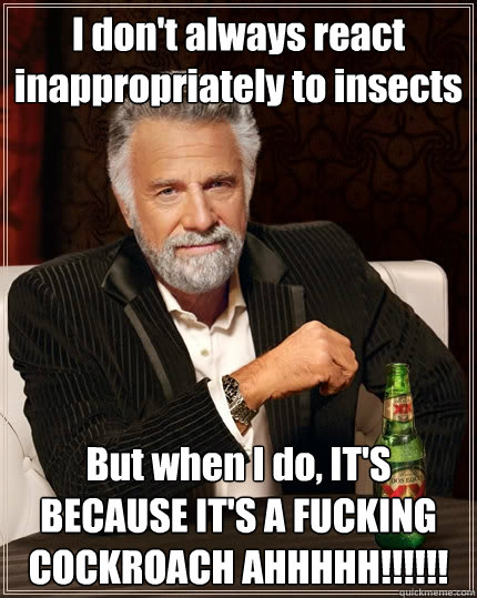 I don't always react inappropriately to insects But when I do, IT'S BECAUSE IT'S A FUCKING COCKROACH AHHHHH!!!!!!  The Most Interesting Man In The World