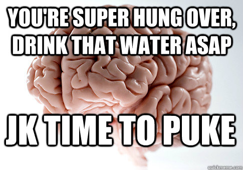 You're super hung over, drink that water ASAP JK Time to puke  ScumbagBrain