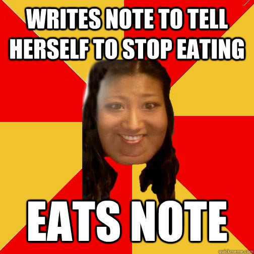 Writes Note to tell herself to stop eating eats note  