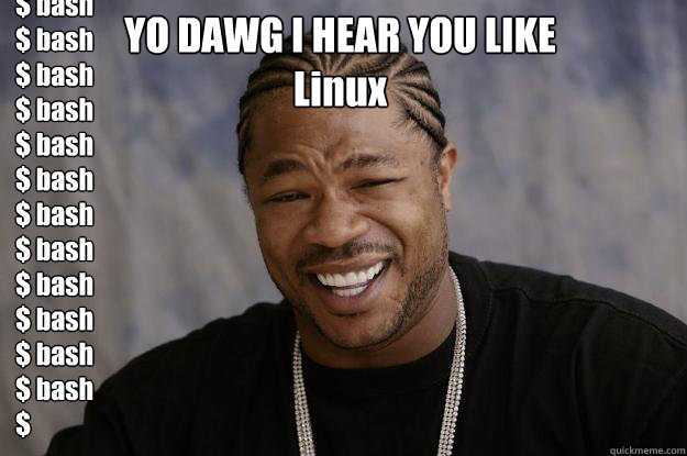 YO DAWG I HEAR YOU LIKE 
Linux $ bash
$ bash
$ bash
$ bash
$ bash
$ bash
$ bash
$ bash
$ bash
$ bash
$ bash
$ bash
$ - YO DAWG I HEAR YOU LIKE 
Linux $ bash
$ bash
$ bash
$ bash
$ bash
$ bash
$ bash
$ bash
$ bash
$ bash
$ bash
$ bash
$  Xzibit meme