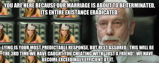 You are here because our marriage is about to be terminated, its entire existance eradicated. 

 Lying is your most predictable response, but rest assured...this will be the 3rd time we have caught you cheating with 