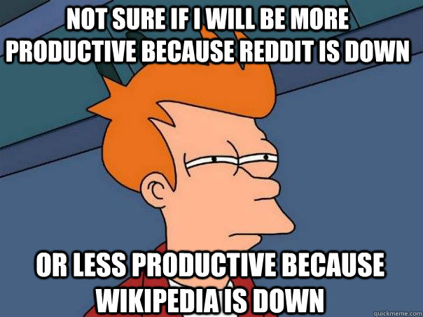 Not sure if i will be more productive because reddit is down Or less productive because wikipedia is down  Futurama Fry
