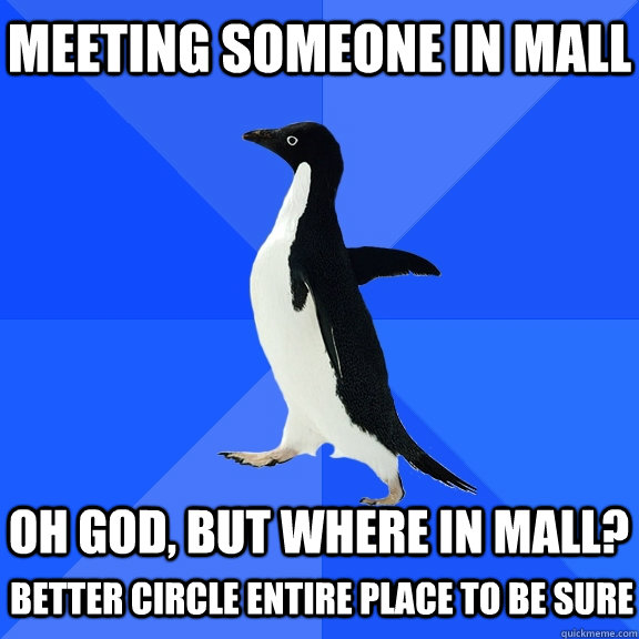 Meeting someone in mall  oh god, but where in mall?  Better circle entire place to be sure  Socially Awkward Penguin