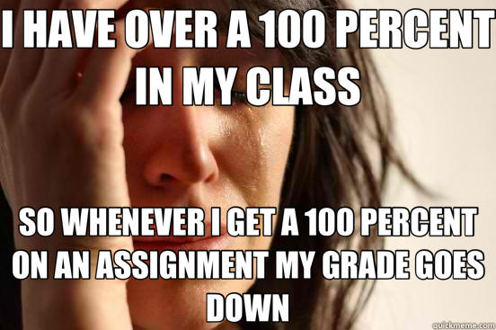 I HAVE OVER A 100 PERCENT IN MY CLASS SO WHENEVER I GET A 100 PERCENT ON AN ASSIGNMENT MY GRADE GOES DOWN - I HAVE OVER A 100 PERCENT IN MY CLASS SO WHENEVER I GET A 100 PERCENT ON AN ASSIGNMENT MY GRADE GOES DOWN  First World Problems