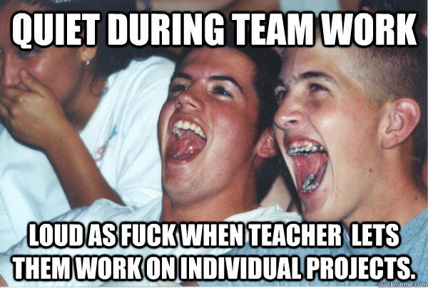 Quiet during team work Loud as fuck when teacher  lets them work on individual projects.  Immature High Schoolers
