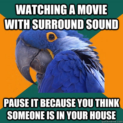 watching a movie with surround sound pause it because you think someone is in your house  Paranoid Parrot