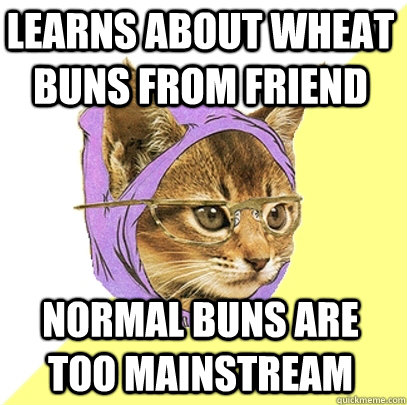 Learns about wheat buns from friend Normal buns are too mainstream  Hipster Kitty