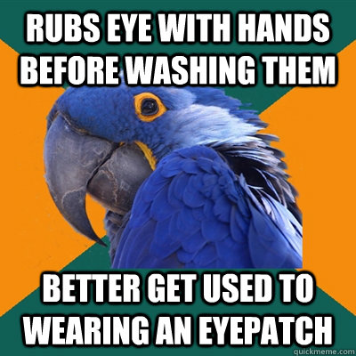 Rubs eye with hands before washing them Better get used to wearing an eyepatch  Paranoid Parrot
