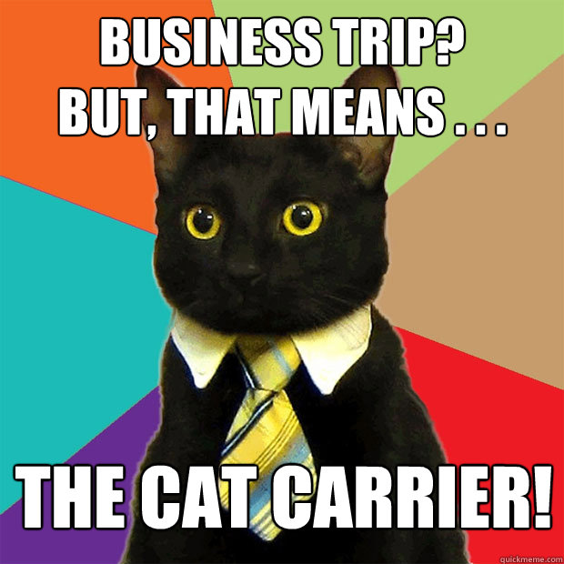Business trip?
But, that means . . . The cat carrier! - Business trip?
But, that means . . . The cat carrier!  Business Cat