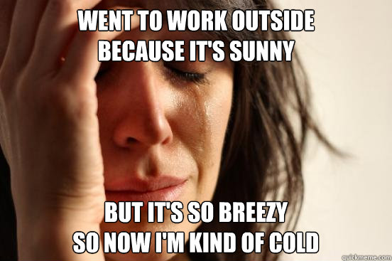 Went to work outside 
because it's sunny But it's so breezy 
so now I'm kind of cold  First World Problems