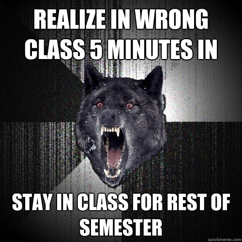 realize in wrong class 5 minutes in Stay in class for rest of semester  Insanity Wolf