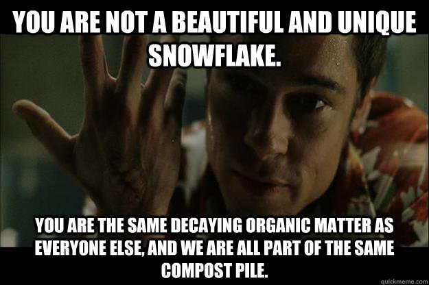 You are not a beautiful and unique snowflake.   You are the same decaying organic matter as everyone else, and we are all part of the same compost pile.  - You are not a beautiful and unique snowflake.   You are the same decaying organic matter as everyone else, and we are all part of the same compost pile.   Misc