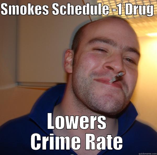 SMOKES SCHEDULE -1 DRUG  LOWERS CRIME RATE Good Guy Greg 