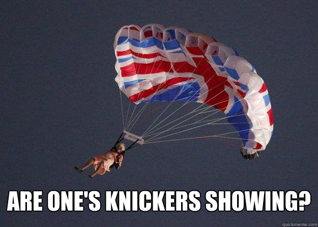  Are one's knickers showing?  Parachuting Queen
