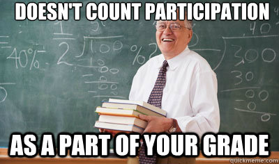 Doesn't count participation as a part of your grade - Doesn't count participation as a part of your grade  Good Guy College Professor