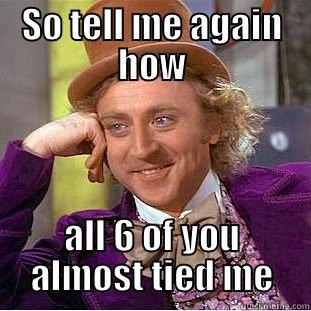 SO TELL ME AGAIN HOW ALL 6 OF YOU ALMOST TIED ME Condescending Wonka