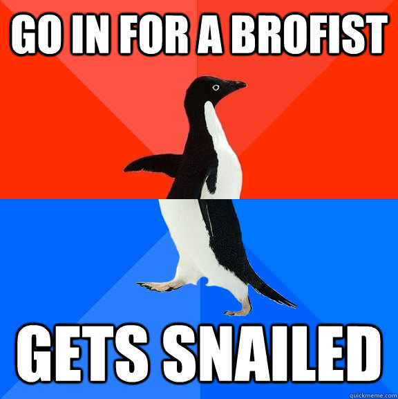 Go In for a Brofist Gets snailed  Socially Awesome Awkward Penguin