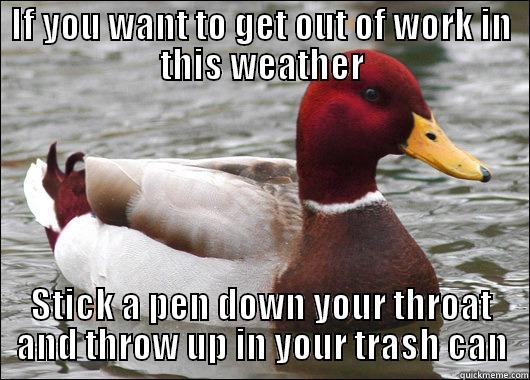 Pen down throat - IF YOU WANT TO GET OUT OF WORK IN THIS WEATHER STICK A PEN DOWN YOUR THROAT AND THROW UP IN YOUR TRASH CAN Malicious Advice Mallard