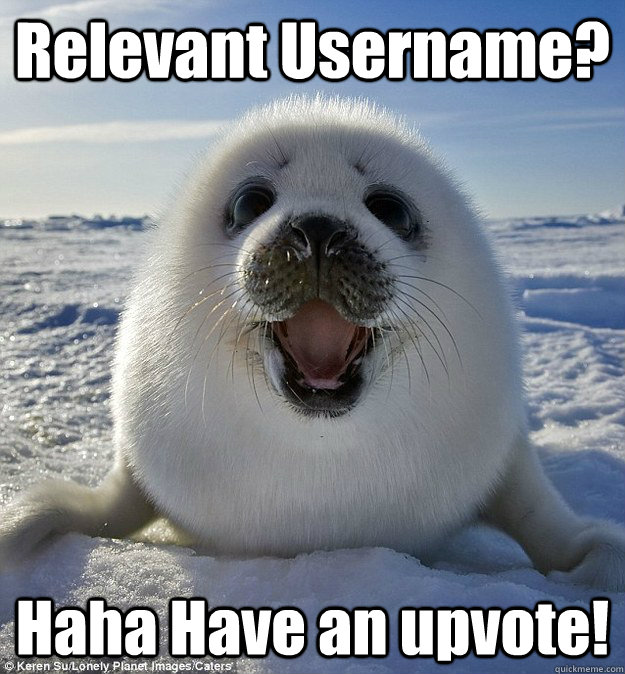 Relevant Username? Haha Have an upvote!  Easily Pleased Seal
