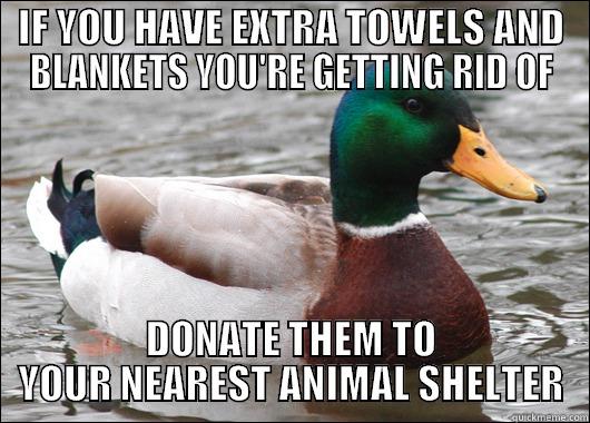 Don't forget to donate a towel - IF YOU HAVE EXTRA TOWELS AND BLANKETS YOU'RE GETTING RID OF DONATE THEM TO YOUR NEAREST ANIMAL SHELTER Actual Advice Mallard