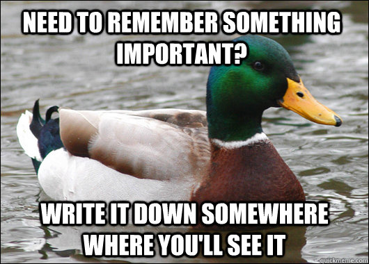 need to remember something important? write it down somewhere where you'll see it  Actual Advice Mallard