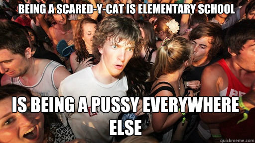 being a scared-y-cat is elementary school is being a pussy everywhere else  Sudden Clarity Clarence