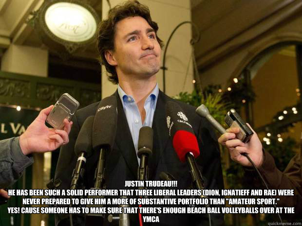 JUSTIN TRUDEAU!!!
He has been such a solid performer that three Liberal leaders (Dion, Ignatieff and Rae) were never prepared to give him a more of substantive portfolio than 