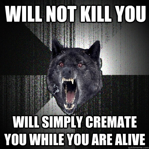 Will not kill you Will simply cremate you while you are alive  Insanity Wolf
