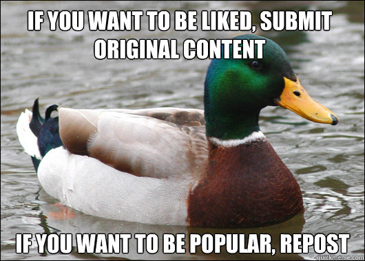 If you want to be liked, submit original content If you want to be popular, repost  Actual Advice Mallard