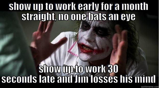 SHOW UP TO WORK EARLY FOR A MONTH STRAIGHT, NO ONE BATS AN EYE SHOW UP TO WORK 30 SECONDS LATE AND JIM LOSSES HIS MIND Joker Mind Loss