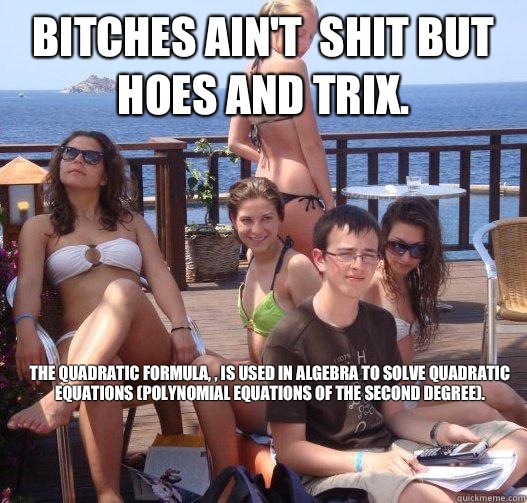 Bitches ain't  shit but hoes and trix. The quadratic formula, , is used in algebra to solve quadratic equations (polynomial equations of the second degree).  Priority Peter