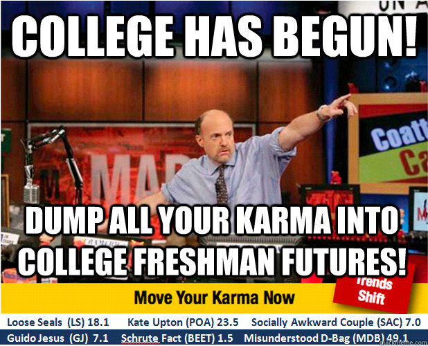 College has begun! Dump all your karma into College Freshman futures!  Jim Kramer with updated ticker