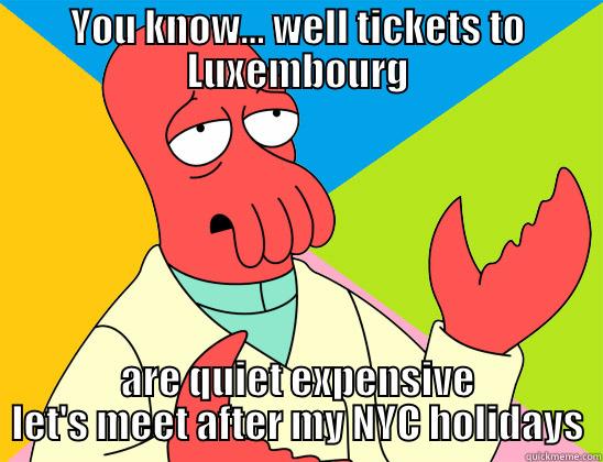 YOU KNOW... WELL TICKETS TO LUXEMBOURG ARE QUIET EXPENSIVE LET'S MEET AFTER MY NYC HOLIDAYS Futurama Zoidberg 