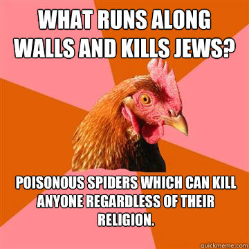 What runs along walls and kills Jews? Poisonous spiders which can kill anyone regardless of their religion. - What runs along walls and kills Jews? Poisonous spiders which can kill anyone regardless of their religion.  Anti-Joke Chicken