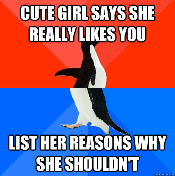 Cute girl says she really likes you list her reasons why she shouldn't  Socially Awesome Awkward Penguin