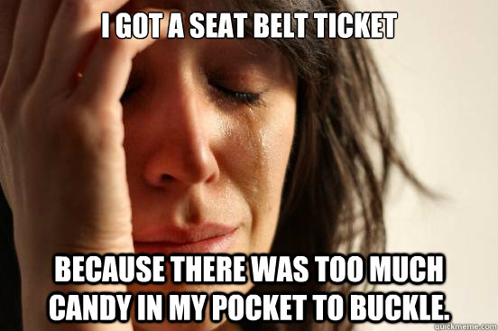 I Got a Seat Belt Ticket Because there was too much candy in my pocket to buckle.  First World Problems
