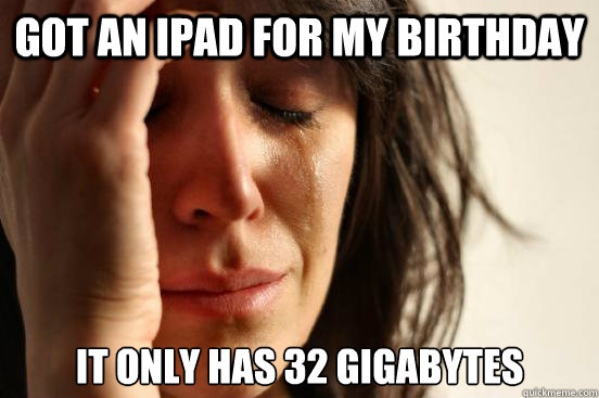 Got an Ipad for my birthday it only has 32 gigabytes  First World Problems