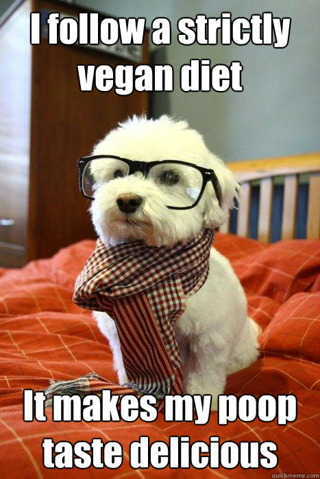 I follow a strictly vegan diet It makes my poop taste delicious  Hipster Dog