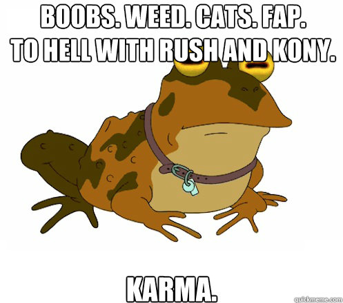 Boobs. Weed. cats. fap. 
to hell with rush and kony. karma.  Hypnotoad
