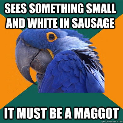 Sees something small and white in sausage It must be a maggot - Sees something small and white in sausage It must be a maggot  Paranoid Parrot