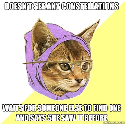 doesn't see any constellations waits for someone else to find one and says she saw it before  Hipster Kitty