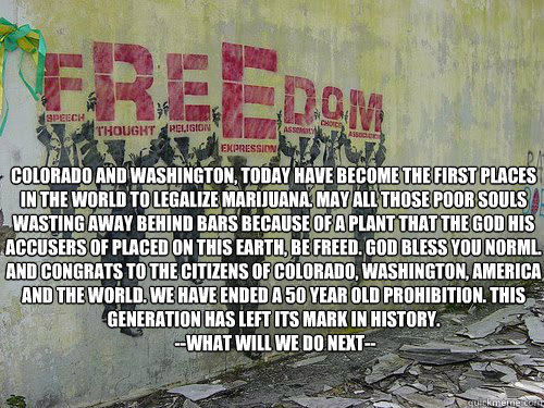 Colorado and Washington, today have become the first places in the WORLD To legalize Marijuana. May all those poor souls wasting away behind bars because of a plant that the god his accusers of placed on this earth, be freed. God bless you NORML. And cong - Colorado and Washington, today have become the first places in the WORLD To legalize Marijuana. May all those poor souls wasting away behind bars because of a plant that the god his accusers of placed on this earth, be freed. God bless you NORML. And cong  Misc